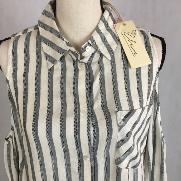 NWT ELAN Women’s Med Grey Stripe Cold Shldr Shirt - Picture 2 of 8